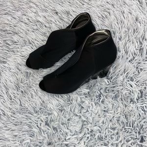 Black Patent Leather and Satin Wedge Slip in PeepToe Shoe, Used, Good Condition